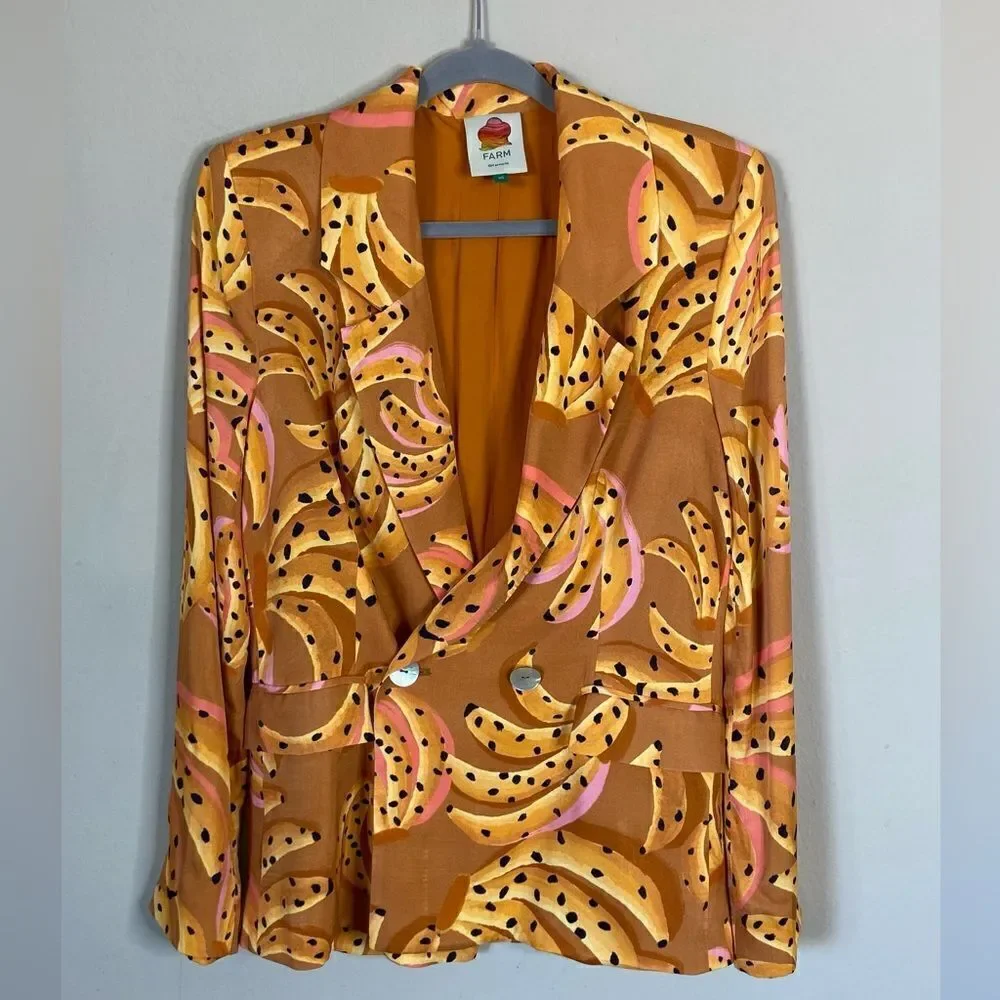 Farm Rio Caramel Raining Bananas Orange Blazer Size XS